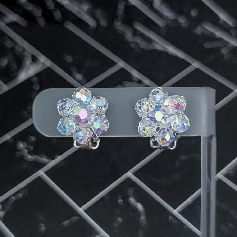 Vintage Clip On Earrings Aurora Borealis Bead Cluster Style